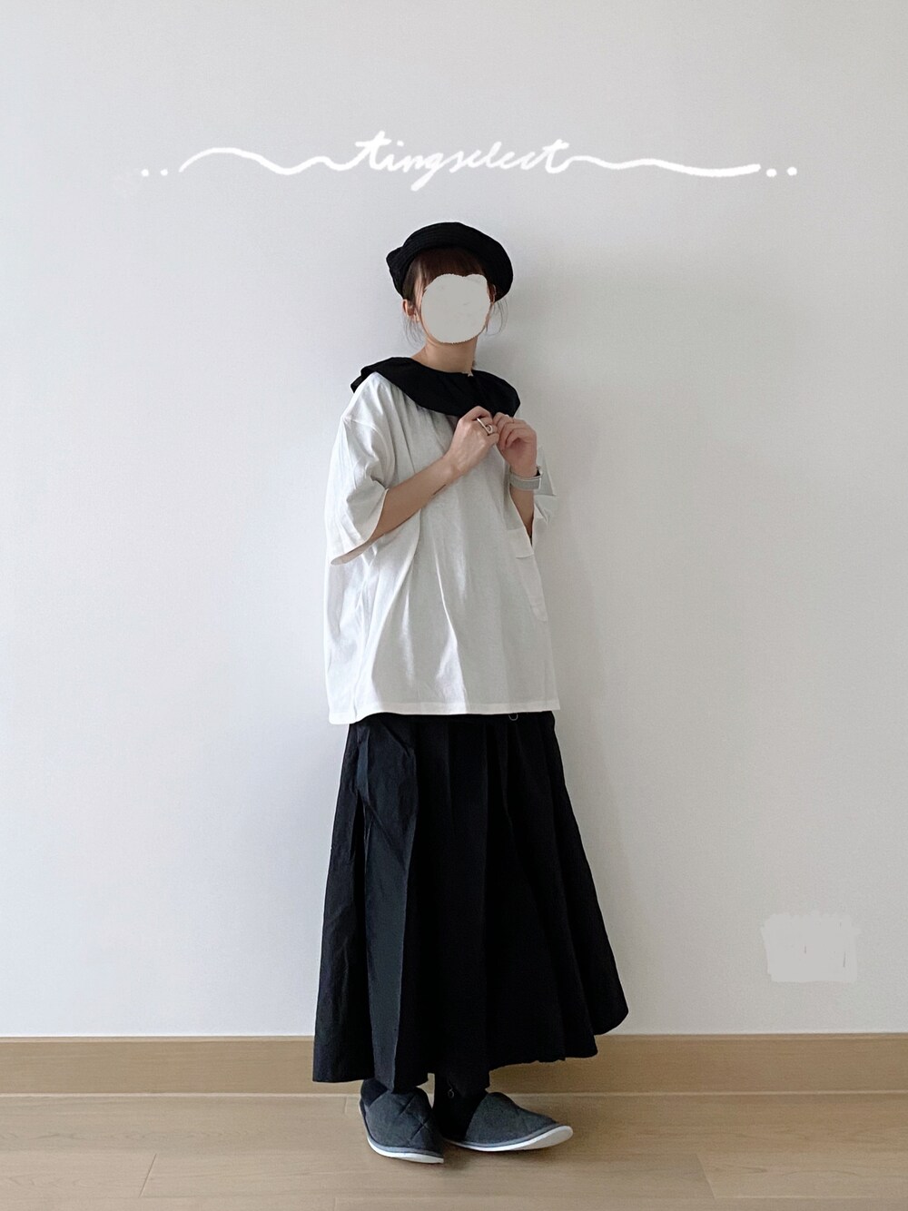 「ootd、夏」｜「tingselectのアイテム（スカート、ブラック系）」を使った、c_.htさん（レディース・165cm）の春コーディネートの1枚目の写真
