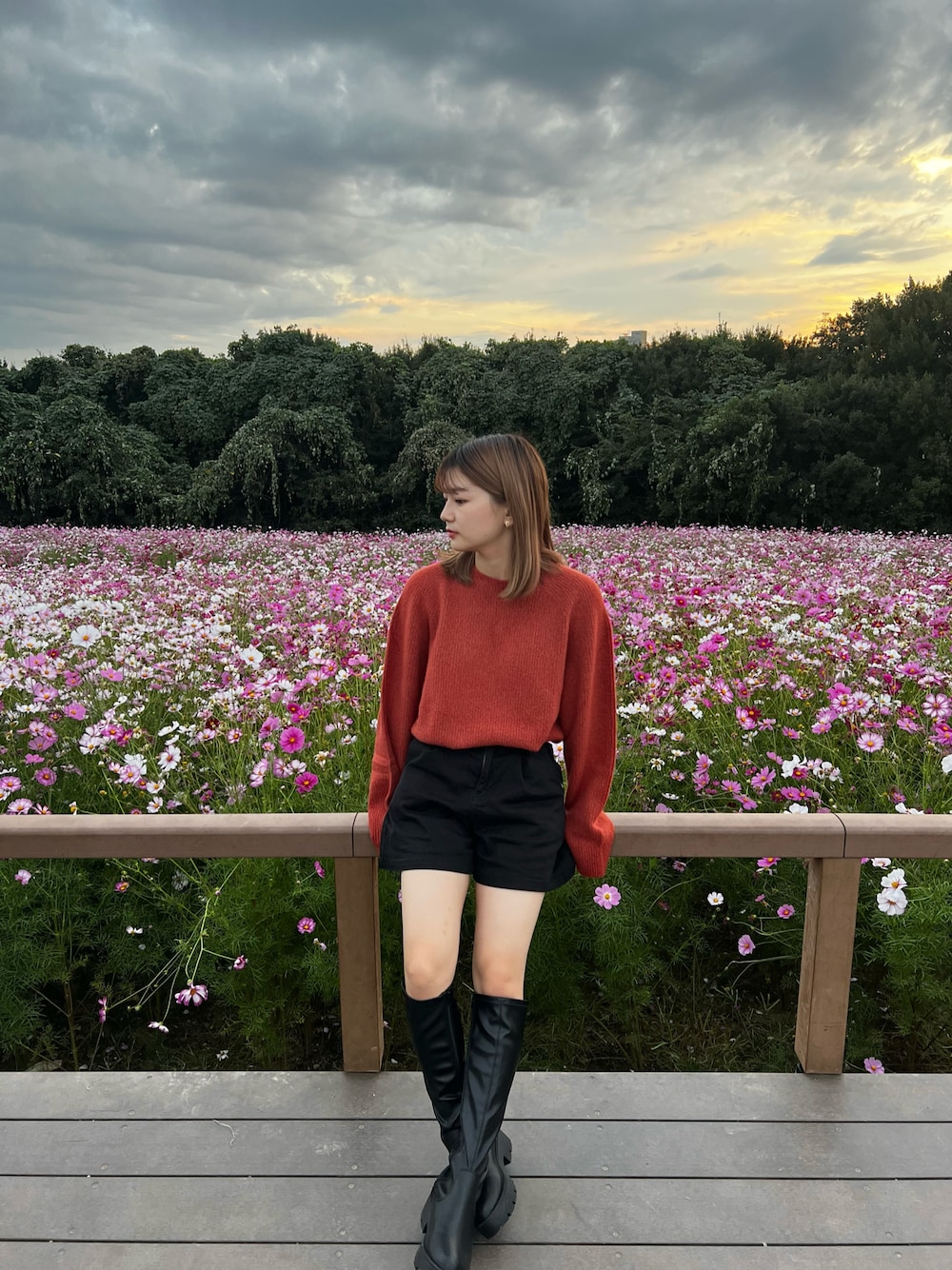 「コスモス畑、秋服コーデ、秋色」｜「UNIQLOのアイテム（ニット/セーター、オレンジ系）」を使った、aimiさん（レディース・152cm）の秋コーディネートの1枚目の写真