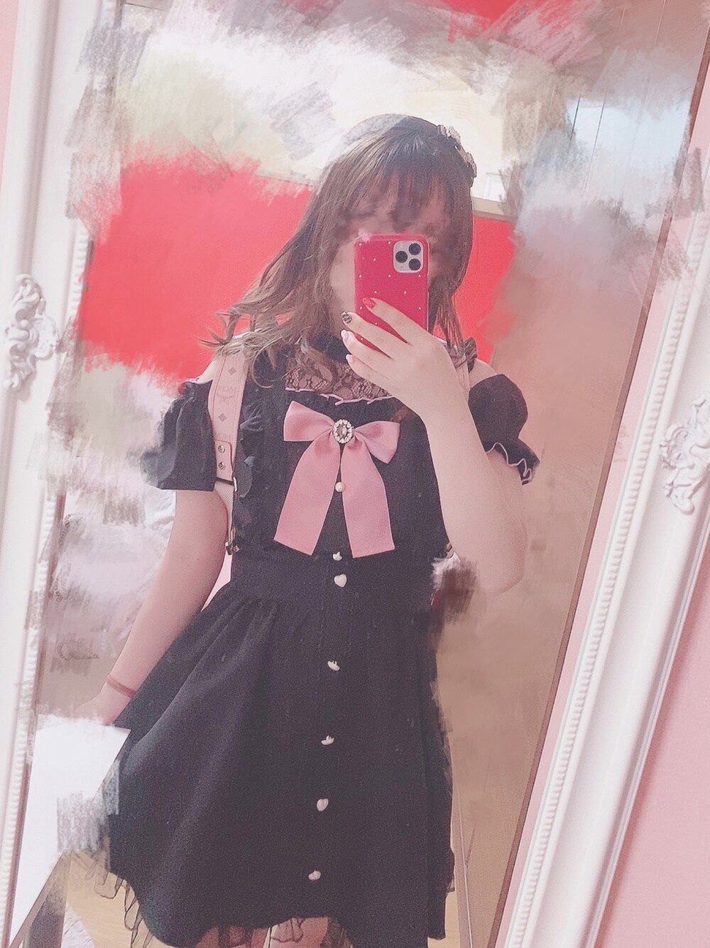 「低身長コーデ、おしゃれさんと繋がりたい、ブラック、Ank Rouge、Samantha Vega、MCM、ferragamo、地雷、量産型、オフショル」｜「Ank Rougeのハートボタンジャンスカ（スカート、ブラック系）」を使った、もーちゃんさん（レディース・153cm）の秋コーディネートの1枚目の写真