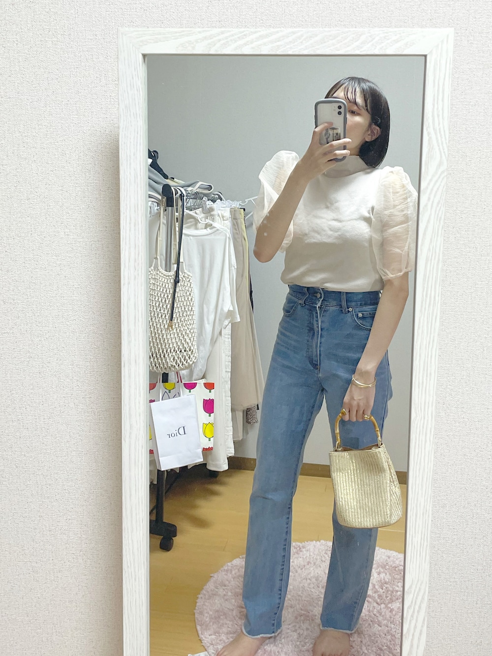 「夏コーデ、プチプラ、休日コーデ、大人ガーリー、夏、デニムコーデ、シースルー、デニム、シアーシャツ、チュール」｜「Chicoのバックレースアップストレートデニム（デニムパンツ、ブルー系）」を使った、ayu  さん（レディース・162cm）の夏コーディネートの1枚目の写真