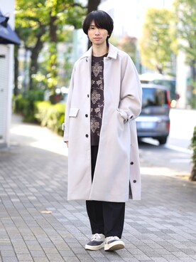 「JUNRED（ジュンレッド）のドルマンバルカラーオーバーコート（ステンカラーコート）」を使った、TOBIさん（メンズ・168cm）の冬コーディネート