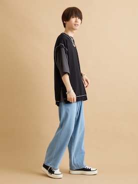 「JUNRED（ジュンレッド）のアイテム（ベスト）」を使った、TOBIさん（メンズ・168cm）の夏コーディネート