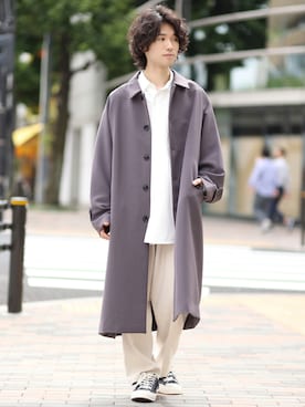 「JUNRED（ジュンレッド）のアイテム（ステンカラーコート）」を使った、TOBIさん（メンズ・168cm）の秋コーディネート