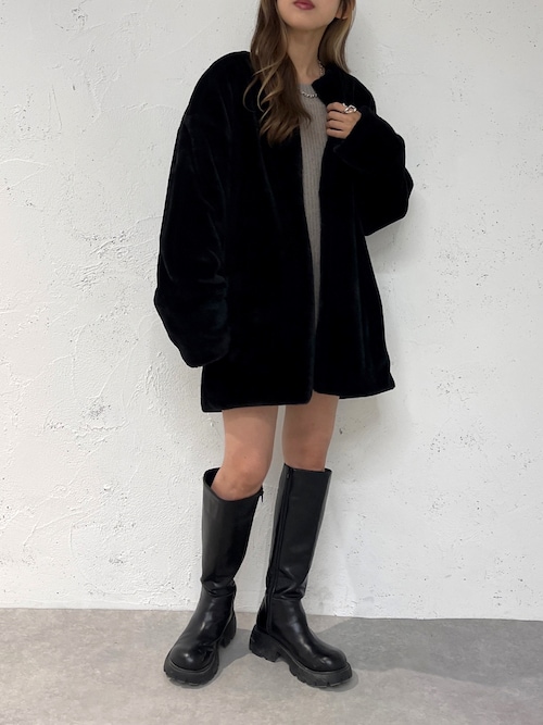 新品 LOUNIE♡定価4.2万 ノーカラー フェイクファー コート ブラック セール】ノーカラーフェイクファーコート【ZOZOTOWN限定アイテム