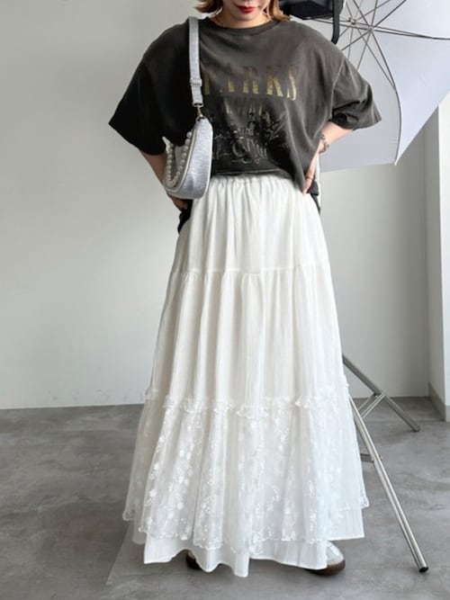 美品✨jolie mignon チュールレース ティアードスカート黒×アイボリー ミディ丈】ギャザー切り替えチュールスカート【JM2354BE