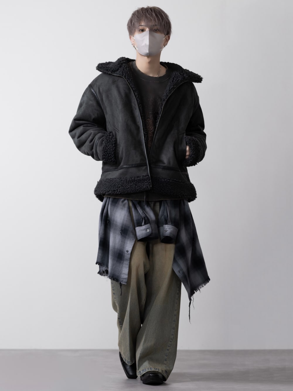 CLEL】リバーシブルフェイクムートンジャケット S チャコールグレー