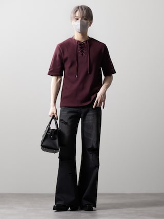 「CLEL（クレイル）の【CLEL】Functional Thermal Lace-Up Short Sleeve T-Shirt / ファンクショナリー サーマルレースアップ半袖Tシャツ（Tシャツ/カットソー）」を使った、MASAKIさん（メンズ・168cm）の春コーディネート