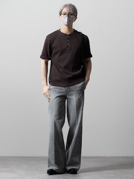 「CLEL（クレイル）の【CLEL】Functional Thermal Henley Neck Short Sleeve T-Shirt / ファンクショナリー サーマルヘンリーネック半袖Tシャツ(抗菌防臭/吸水速乾)（Tシャツ/カットソー、ブラウン系）」を使った、MASAKIさん（メンズ・168cm）の夏コーディネート