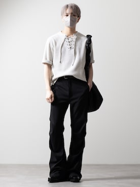 「CLEL（クレイル）の【CLEL】Functional Thermal Lace-Up Short Sleeve T-Shirt / ファンクショナリー サーマルレースアップ半袖Tシャツ(抗菌防臭/吸水速乾)（Tシャツ/カットソー、グレー系）」を使った、MASAKIさん（メンズ・168cm）の夏コーディネート