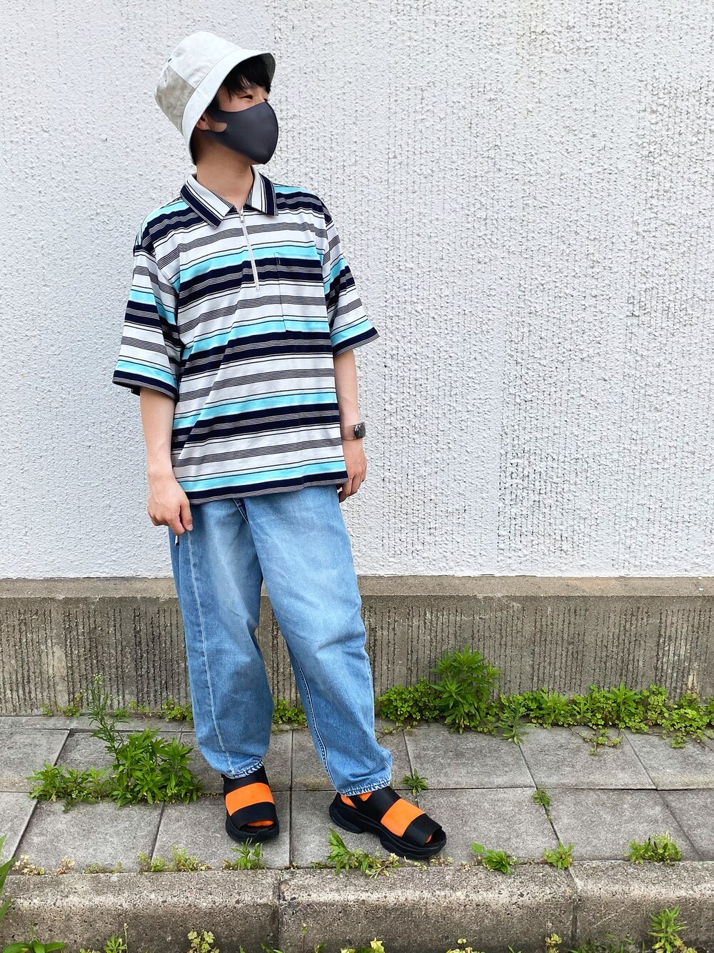 「サンダルコーデ、夏コーデ、低身長コーデ、休日スタイル、おしゃれさんと繋がりたい」｜「WELLDERのアイテム（トップス、ブルー系）」を使った、みずの。さん（メンズ・168cm）の夏コーディネートの1枚目の写真