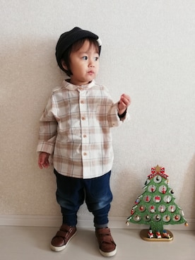 「ノーカラーシャツ」｜「アイテム（ニットキャップ/ビーニー）」を使った、yutan さん（キッズ・80cm）の冬コーディネート