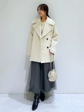 「OPAQUE.CLIP（オペークドットクリップ）の【2WAY】素材アソートシャイニー巾着ミニショルダーバッグ（ショルダーバッグ）」を使った、makiさん（レディース・155cm）の冬コーディネート