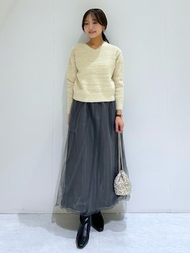 「OPAQUE.CLIP（オペークドットクリップ）の【2WAY】素材アソートシャイニー巾着ミニショルダーバッグ（ショルダーバッグ）」を使った、makiさん（レディース・155cm）の冬コーディネート