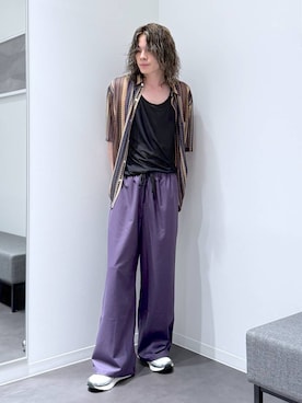 「アイテム（パンツ、パープル系）」を使った、まとまとさん（メンズ・175cm）の夏コーディネート