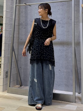 「LEPSIM（レプシィム）のボックスタックノースリーブ　242849（Tシャツ/カットソー、ブラック系）」を使った、yuuさん（レディース・160cm）の夏コーディネート
