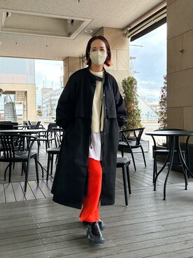 「ブーツイン」｜「アイテム（ノーカラーコート）」を使った、seinoooさん（レディース・160cm）の冬コーディネート