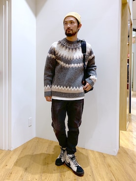 「BAYFLOW(BAYFLOW)」｜「アイテム（ニットキャップ/ビーニー）」を使った、NAKAJI_BFさん（メンズ・174cm）の冬コーディネート