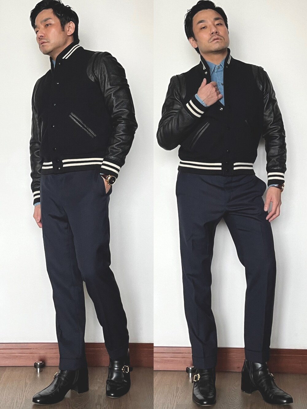 「YSLのアイテム（MA-1、ブルー系）」を使った、kennyphkさん（メンズ・169cm）の冬コーディネートの1枚目の写真