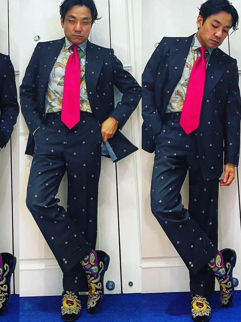 「GUCCIのアイテム（スーツセット、ブルー系）」を使った、kennyphkさん（メンズ・170cm）の秋コーディネートの1枚目の写真