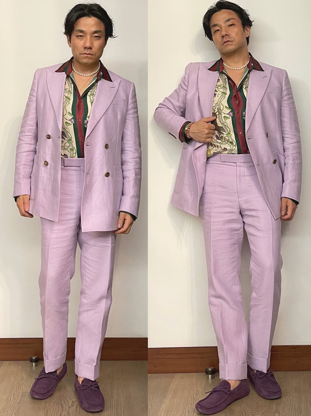 「RICHARD JAMESのアイテム（スーツセット、パープル系）」を使った、kennyphkさん（メンズ・169cm）の夏コーディネートの1枚目の写真