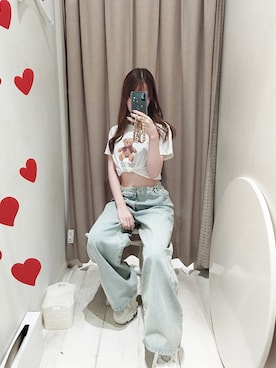 「OLIVE des OLIVE（オリーブデオリーブ）のアイテム（デニムパンツ）」を使った、あかりさん（レディース・152cm）の夏コーディネート