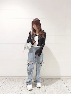 「OLIVE des OLIVE（オリーブデオリーブ）のアイテム（デニムパンツ）」を使った、あかりさん（レディース・152cm）の夏コーディネート