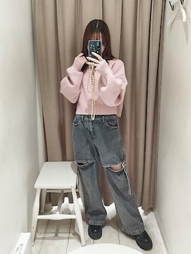 「OLIVE des OLIVE（オリーブデオリーブ）のアイテム（デニムパンツ）」を使った、あかりさん（レディース・152cm）の秋コーディネート