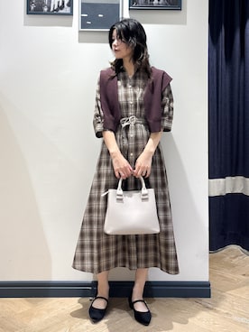 「grove（グローブ）のチェック柄ベルト付シャツワンピース（ワンピース、ブラウン系）」を使った、ayakaさん（レディース・158cm）の秋コーディネート