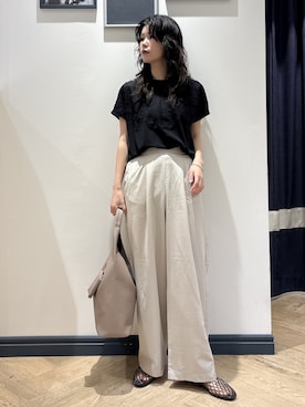 「grove（グローブ）の【持続冷感】ひんやりポンチシリーズ／フロントレースドルマンカットソー（Tシャツ/カットソー、ブラック系）」を使った、ayakaさん（レディース・158cm）の夏コーディネート