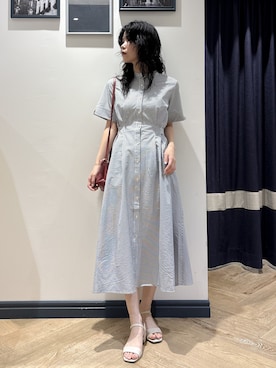 「grove（グローブ）の【低身長さんも選べる着丈/UV・シワになりにくいetc】涼やかさも、きちんとも叶うワンピース（ワンピース、ブルー系）」を使った、ayakaさん（レディース・158cm）の夏コーディネート
