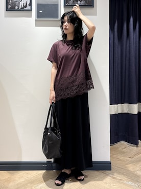 「grove（グローブ）の【持続冷感/SET UP可】ひんやりポンチシリーズ／裾レースドルマンカットソー（Tシャツ/カットソー、ブラウン系）」を使った、ayakaさん（レディース・158cm）の夏コーディネート