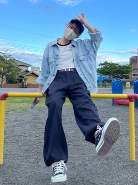 「ショート丈トップス」｜「アイテム（デニムジャケット）」を使った、ユーナ(yuna)さん（レディース・155cm）の秋コーディネート