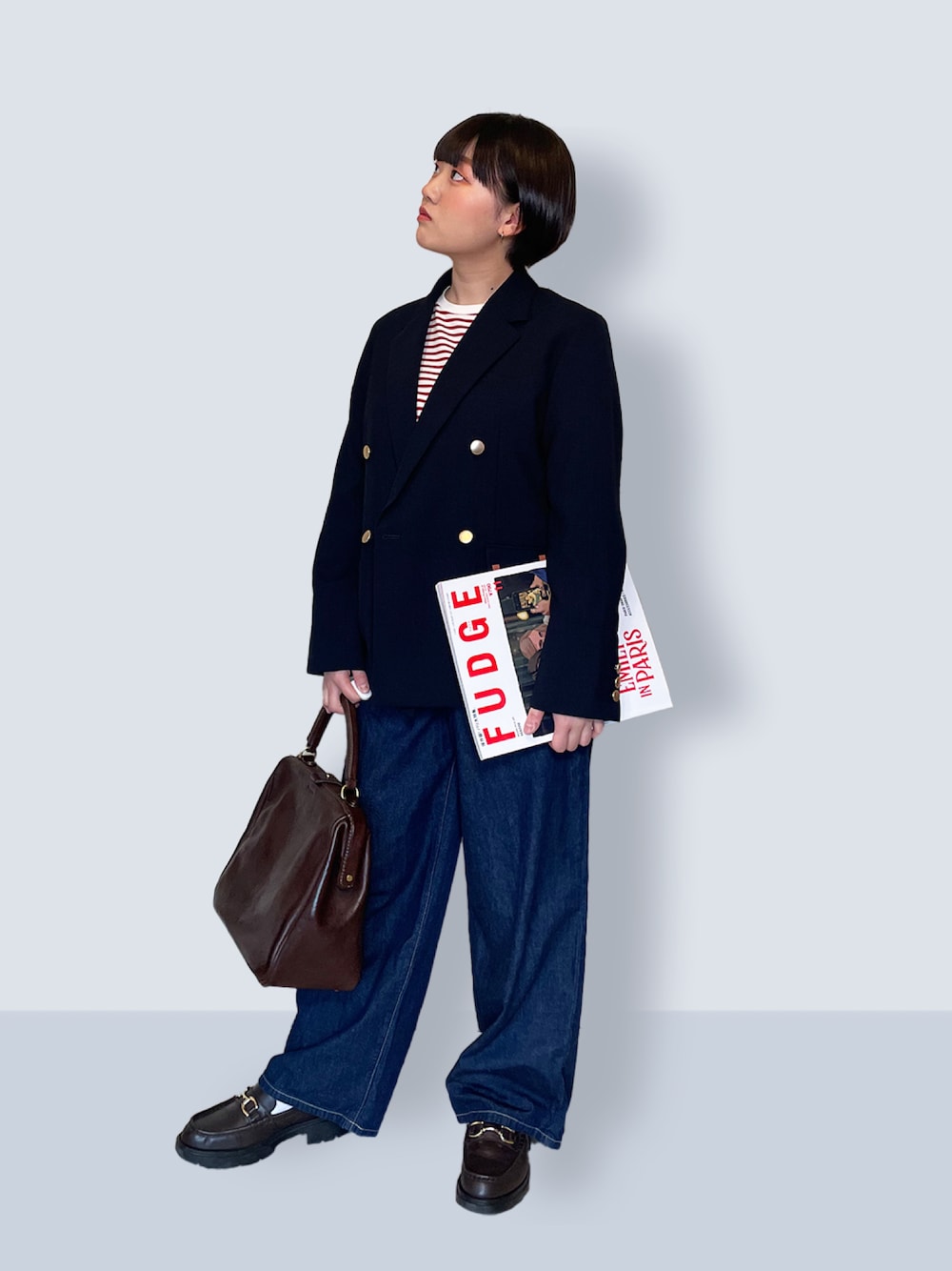 「トラッド、FUDGE、ファッジ、トラッドスタイル、金ボタンジャケット、ジャケット、アイビー、プレッピー、プチプラ、低身長コーデ、ボーダー、春服コーデ、低身長女子、春めき満開コーデ」｜「ROPE' PICNICの【抗菌防臭・接触冷感・UVカット】カナパ金ボタンジャケット/通勤・セットアップ対応（テーラードジャケット、ブルー系）」を使った、ゆきさん（骨格ストレート・レディース・150cm）の春コーディネートの1枚目の写真