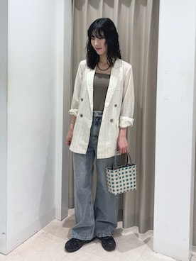 「SENSE OF PLACE by URBAN RESEARCH(センスオブプレイスバイアーバンリサーチ)の『接触冷感』シアーストライプテーラードジャケット(Tailored jacket、ホワイト系)」を使った、wakaさん(レディース・162cm)の夏コーディネート
