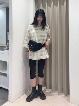 「SENSE OF PLACE by URBAN RESEARCH(センスオブプレイスバイアーバンリサーチ)のボーダーエクストラルーズTシャツ(Tシャツ/カットソー、グレー系)」を使った、wakaさん(レディース・162cm)の春コーディネート