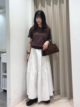 「SENSE OF PLACE by URBAN RESEARCH(センスオブプレイスバイアーバンリサーチ)の『洗濯可』フリルニットポロシャツ(ニット/セーター、ブラウン系)」を使った、wakaさん(レディース・162cm)の春コーディネート