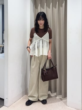 「KBF(ケイビーエフ)のボリュームギャザーシアービスチェ(Other tops、ホワイト系)」を使った、wakaさん(レディース・162cm)の夏コーディネート