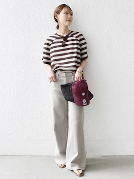 「SHIPS（シップス）の〈手洗い可能〉ボーダー / ソリッド 袖ギャザー ショートスリーブ プルオーバー（Tシャツ/カットソー、ブラウン系）」を使った、NAGASHIMAさん（レディース・164cm）の春コーディネート