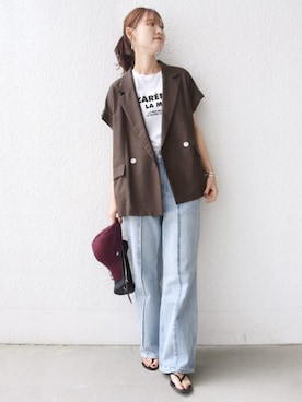 「SHIPS（シップス）の【実力派ベーシック】〈接触冷感/UVカット/吸水速乾/洗濯機可能〉SUUSUU フレンチ スリーブ 羽織 ジャケット（テーラードジャケット、ブラウン系）」を使った、NAGASHIMAさん（レディース・164cm）の夏コーディネート