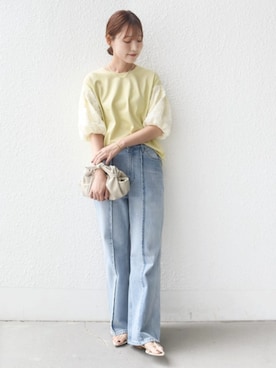 「SHIPS（シップス）の【WEB限定】〈接触冷感/UVカット/汗染み防止加工〉FUNCTION 袖 レース プルオーバー（Tシャツ/カットソー、イエロー系）」を使った、NAGASHIMAさん（レディース・164cm）の夏コーディネート