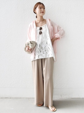 「SHIPS（シップス）の〈手洗い可能〉IMPERIAL LINEN 混 オーバー サイズ シャツ（シャツ/ブラウス、ピンク系）」を使った、NAGASHIMAさん（レディース・164cm）の春コーディネート