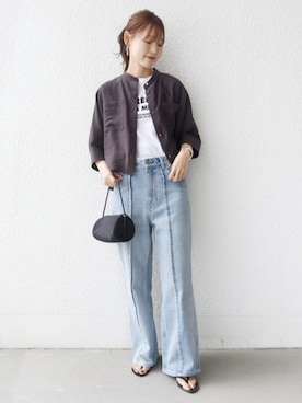「SHIPS（シップス）のメルティ コットン プリント ロゴ フレンチスリーブ TEE（Tシャツ/カットソー、ホワイト系）」を使った、NAGASHIMAさん（レディース・164cm）の夏コーディネート