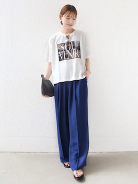 「＋81BRANCA（ハチイチブランカ）の【SHIPS別注】81BRANCA: 5分袖 ロゴ・フォト TEE（Tシャツ/カットソー、ホワイト系）」を使った、NAGASHIMAさん（レディース・164cm）の夏コーディネート