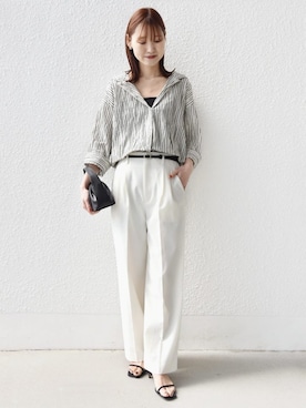 「SHIPS（シップス）の【WEB限定】〈手洗い可能〉ストライプ フード 羽織り シャツ（シャツ/ブラウス、ホワイト系）」を使った、NAGASHIMAさん（レディース・164cm）の春コーディネート