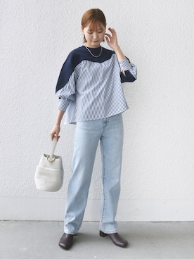 「アイテム（Tシャツ/カットソー、ブルー系）」を使った、NAGASHIMAさん（レディース・164cm）の秋コーディネート