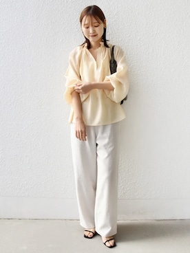 「SHIPS（シップス）の〈手洗い可能〉シアー タンブラー リボン デザイン 長袖 ブラウス（シャツ/ブラウス、イエロー系）」を使った、NAGASHIMAさん（レディース・164cm）の春コーディネート