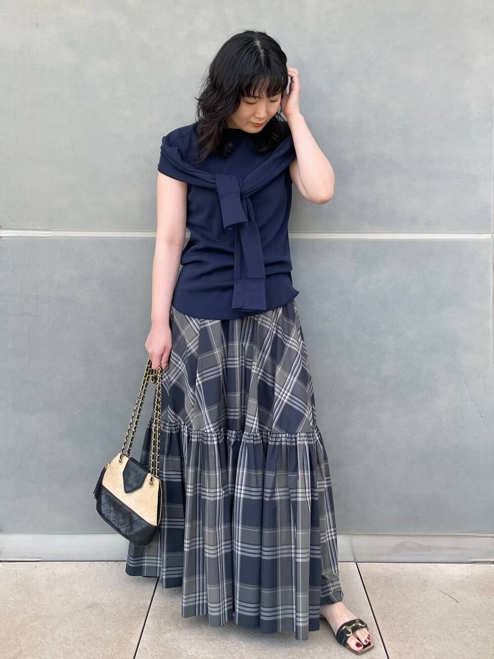 美品❤︎カレンソロジー チェックティアードスカート マキシ丈 洗える ブルー 36 Curensology(カレンソロジー)/チェックティアードスカートを使った人気