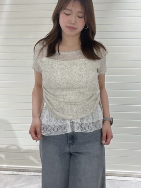 「FREE'S MART（フリーズマート）の◆メランジドロスト半袖レースティアードキャミセット（Tシャツ/カットソー、ホワイト系）」を使った、RIKOさん（レディース・163cm）の春コーディネート