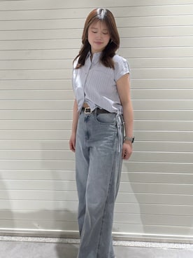「FREE'S MART（フリーズマート）の◆フレンチスリーブ裾ドロストシャツ（シャツ/ブラウス、ブルー系）」を使った、RIKOさん（レディース・163cm）の春コーディネート
