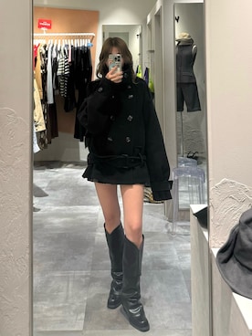「SLY（スライ）の【AW PRE ORDER 第2弾】OVER STAND PEA COAT オーバースタンドピーコート 冬服 スタンドネック ハイネック（ブルゾン、ブラック系）」を使った、　湊有里紗さん（レディース・152cm）の夏コーディネート